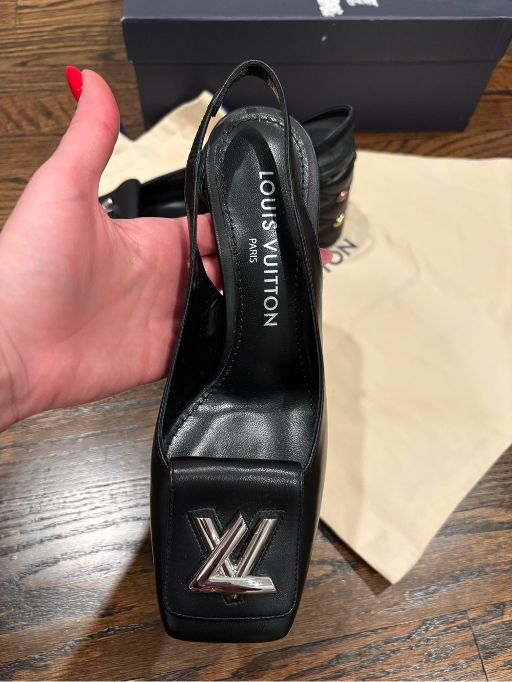 Louis Vuitton Black Leather Peep-Toe Slingback Heels with Silver LV Emblem - Picture 2 of 11